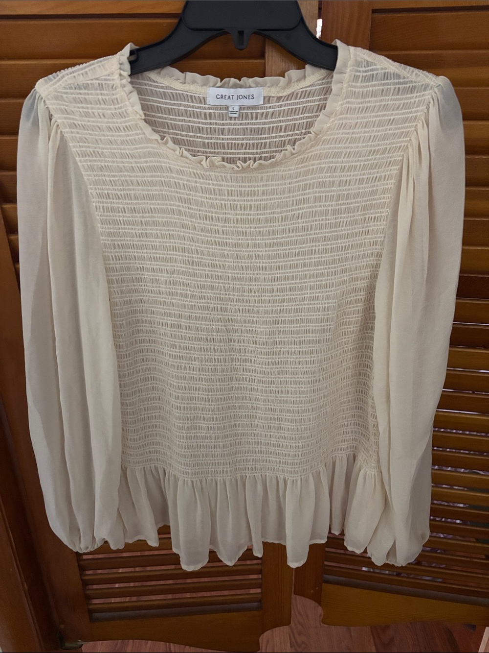 Cream Smocked Long-Sleeve Peplum Blouse